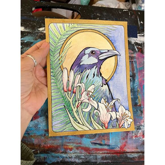 original painting raven crow illustration style artwork signed Ooak art handmade - Picture 5 of 8